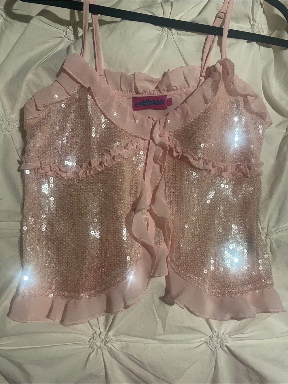 Pink Sequin Ruffle Cami Top-Edikted